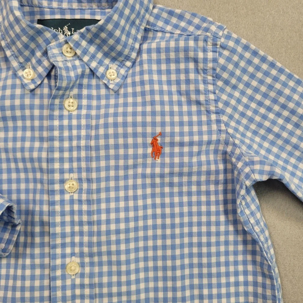 Ralph Lauren Boys Light Blue‎ Gingham Check Long Sleeve Button Down Shirt 12M